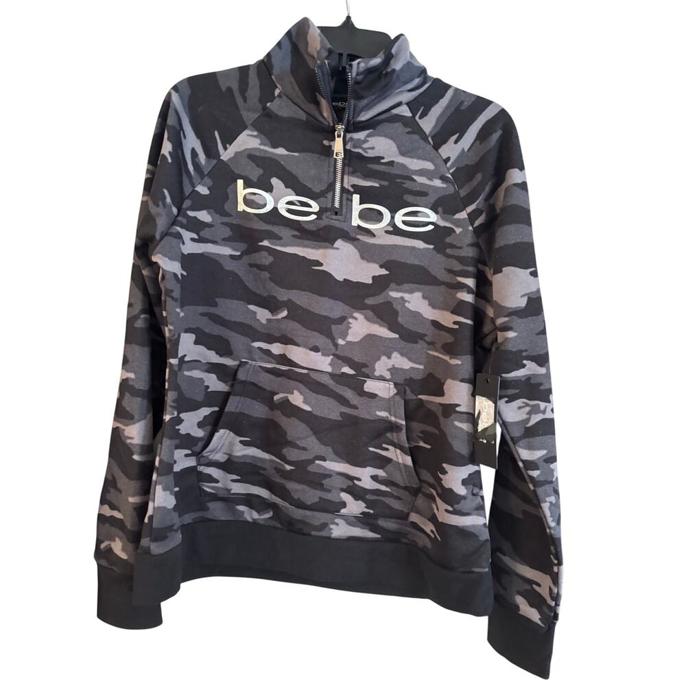 Nwt Bebe Women’s Half Zip Pullover Sweatshirt Black Camouflage Large NWT